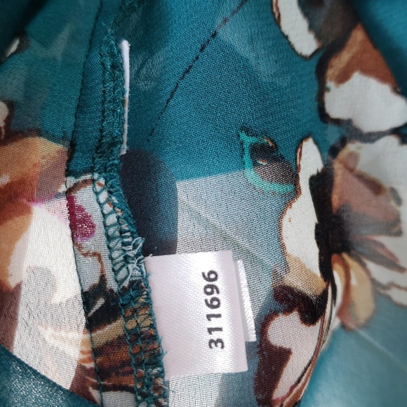 LOFT Floral Sheer Peasant Blouse Small Teal Brown Smocking Office Work Career - Picture 9 of 10